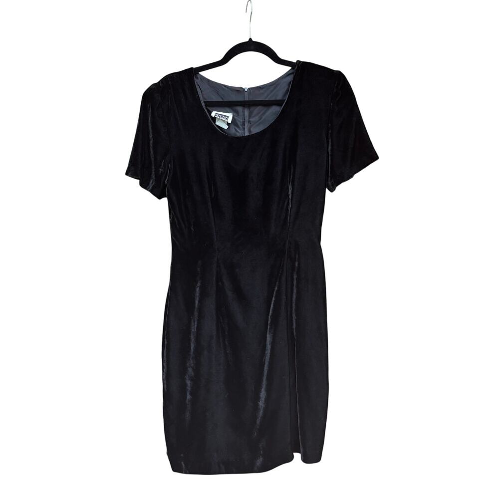 Vintage 1980s CFTC Studio Black Velvet Mini Dress LBD Kick Pleat AS IS Large